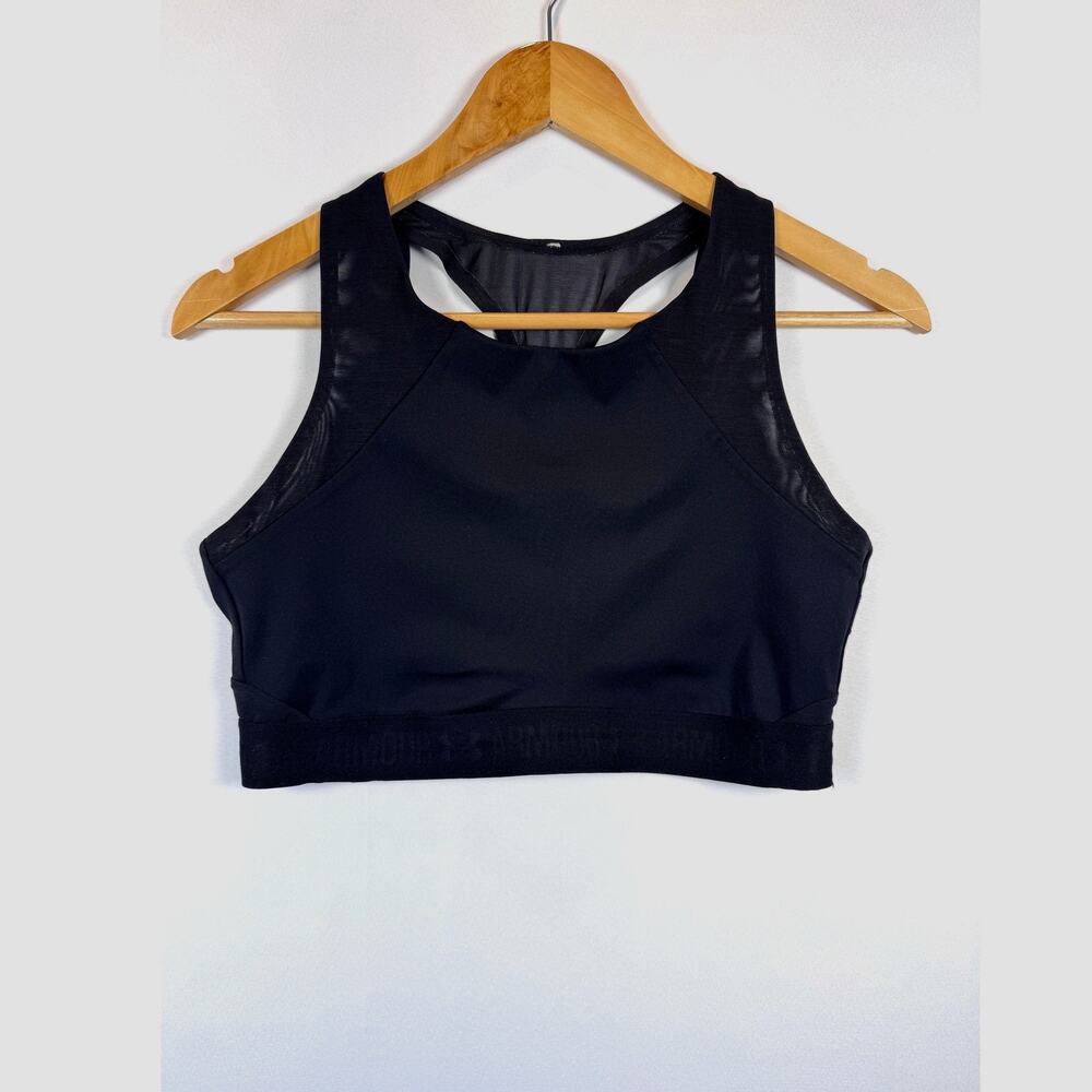 Under Armour Womens L Black Mesh Racerback Sports Bra High Neck Workout Gym